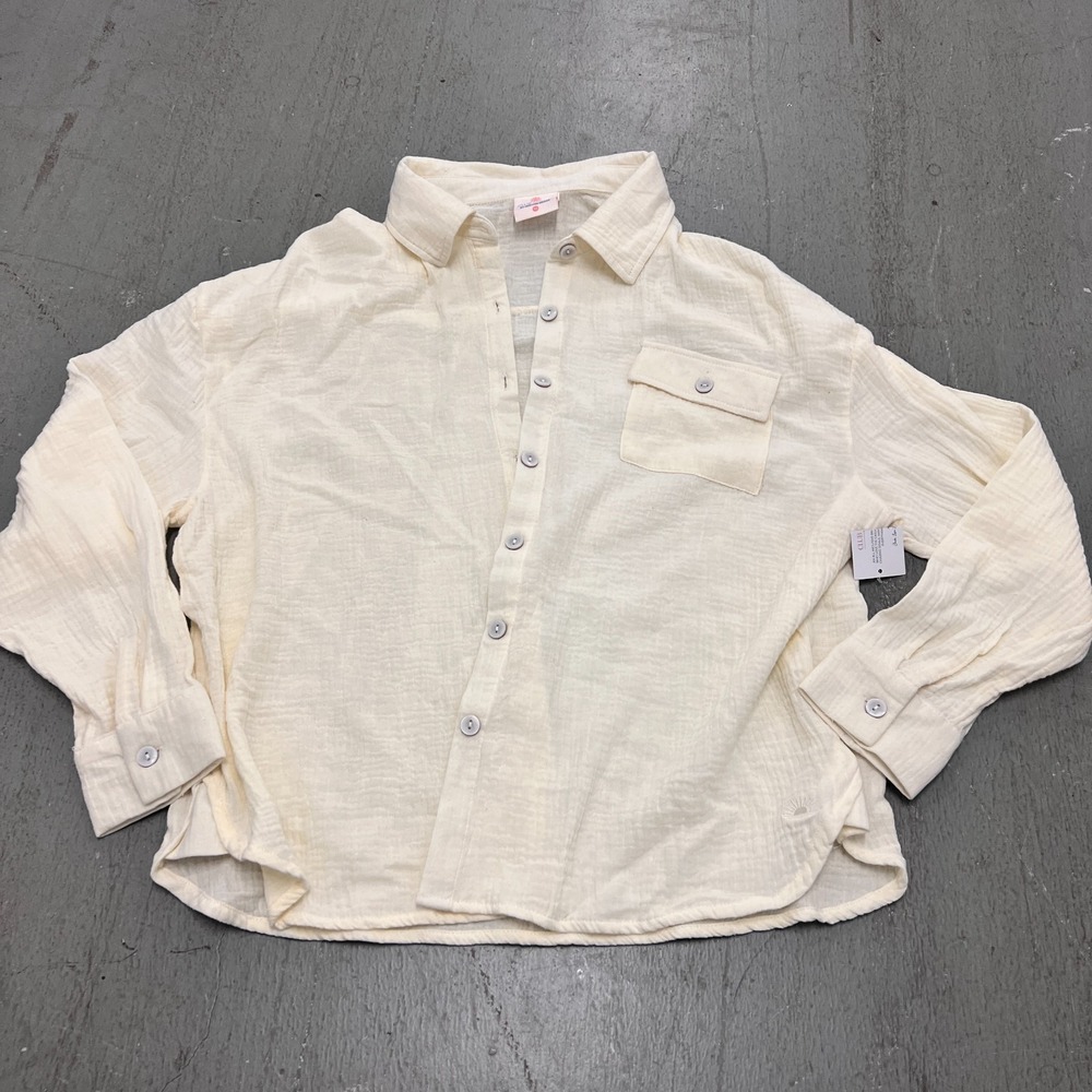 Club Social by Jadelynn Brooke Shirt Womens Medium Beige Textured Button-Up NWT